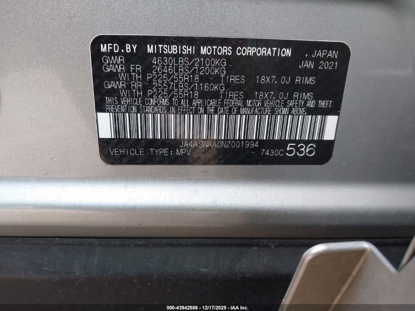 2022 Mitsubishi Eclipse Cross Se/Se Special Edition/Sel/Sel Special Edition VIN: JA4ASWAA0NZ001994 Lot: 43942586