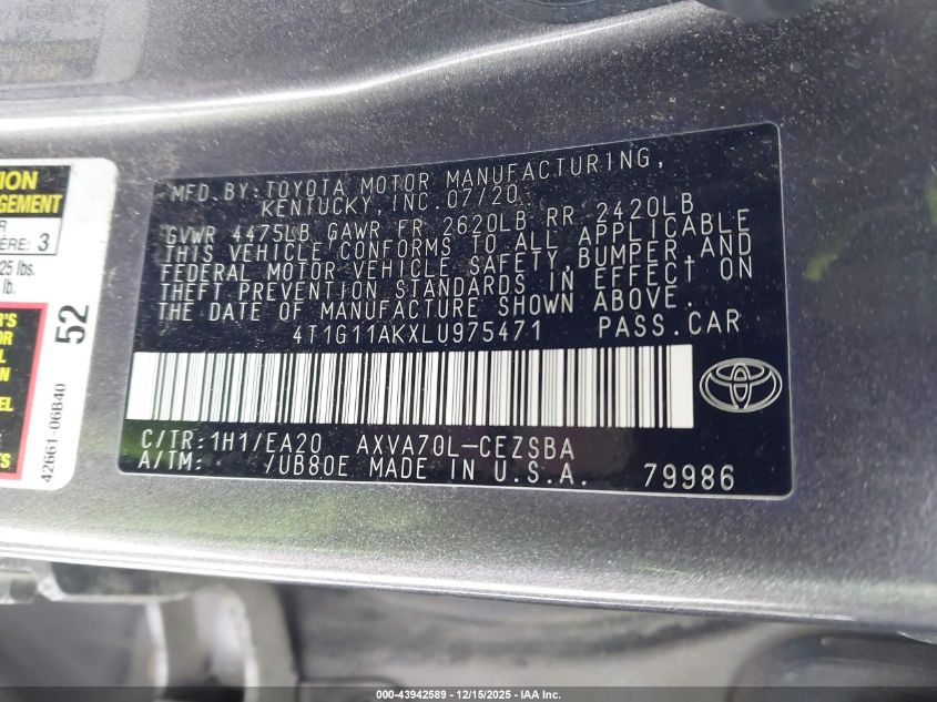 2020 Toyota Camry Se VIN: 4T1G11AKXLU975471 Lot: 43942589