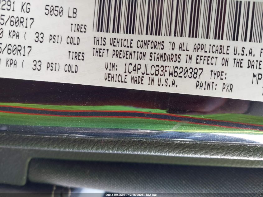 2015 Jeep Cherokee Latitude VIN: 1C4PJLCB3FW620387 Lot: 43942593