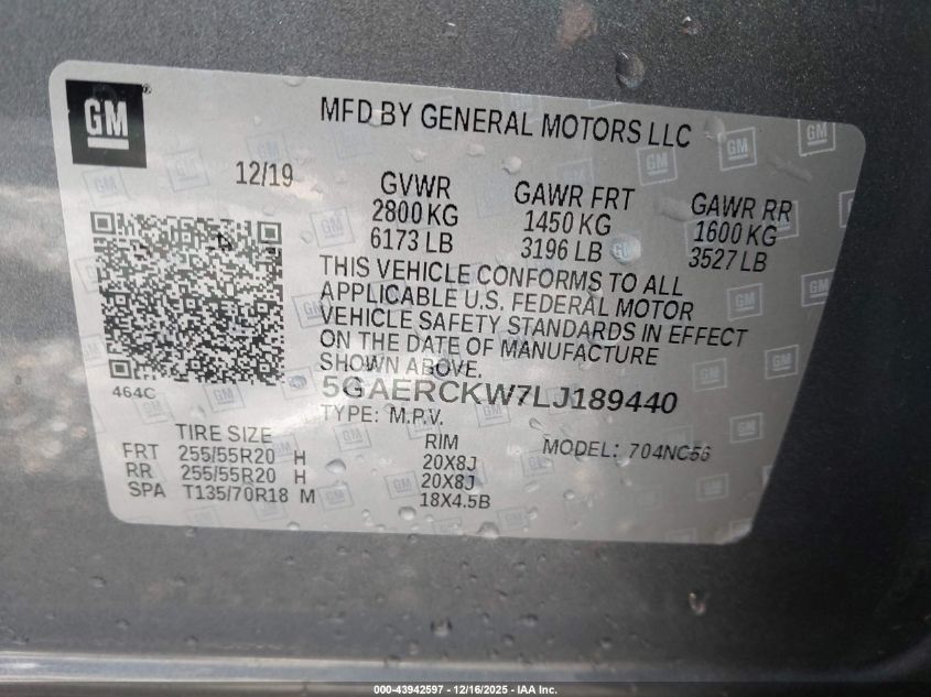 2020 Buick Enclave Fwd Premium VIN: 5GAERCKW7LJ189440 Lot: 43942597