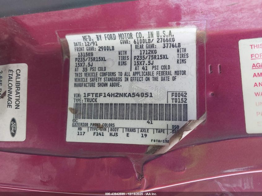 1992 Ford F150 VIN: 1FTEF14H2NKA54051 Lot: 43942599