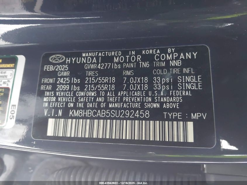 2025 Hyundai Kona Sel VIN: KM8HBCAB5SU292458 Lot: 43942603