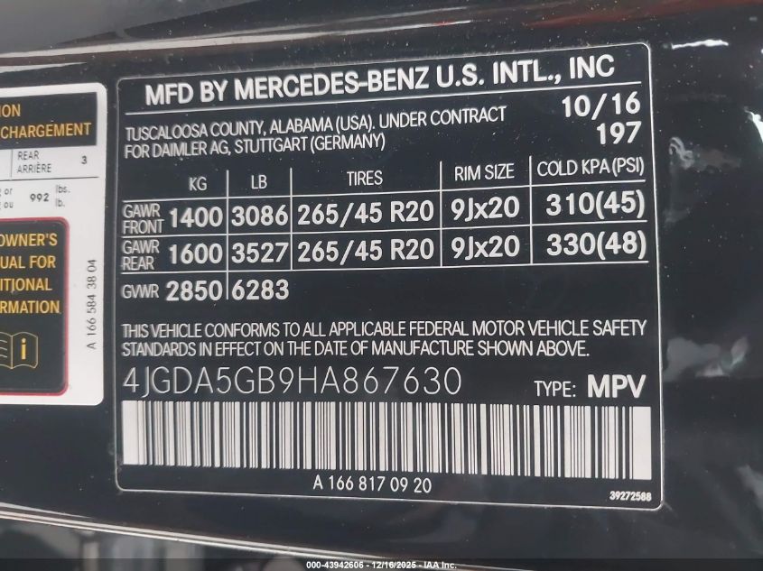 2017 Mercedes-Benz Gle 400 4Matic VIN: 4JGDA5GB9HA867630 Lot: 43942606