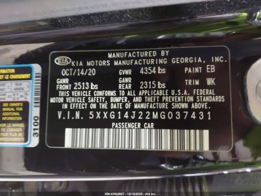 2021 Kia K5 Lxs VIN: 5XXG14J22MG037431 Lot: 43942607