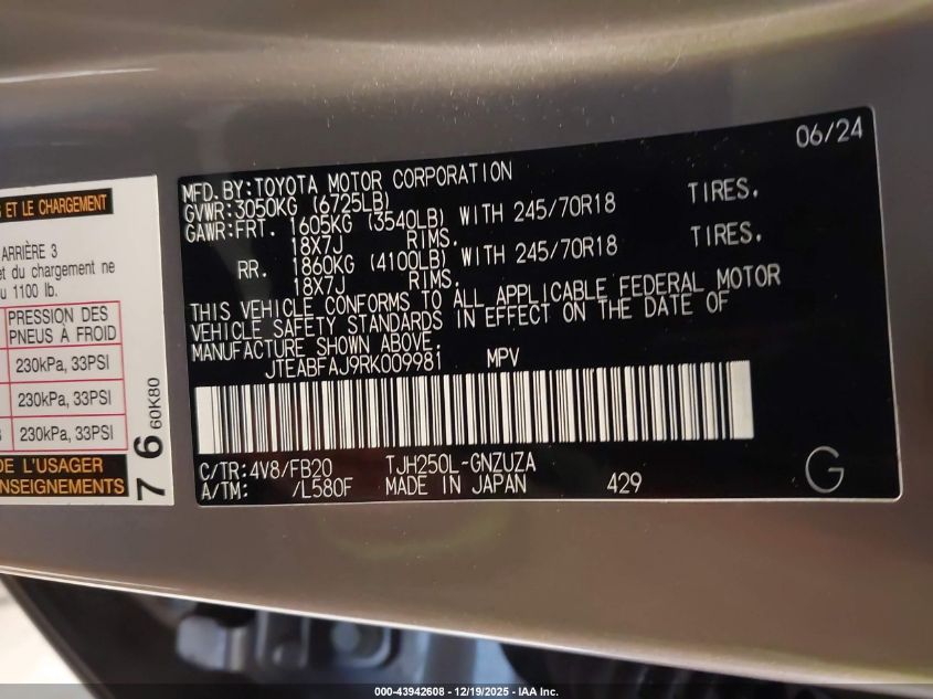 2024 Toyota Land Cruiser 1958 VIN: JTEABFAJ9RK009981 Lot: 43942608