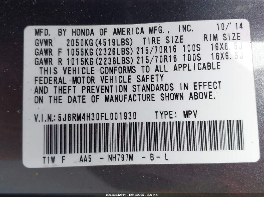 2015 Honda Cr-V Lx VIN: 5J6RM4H30FL001930 Lot: 43942611