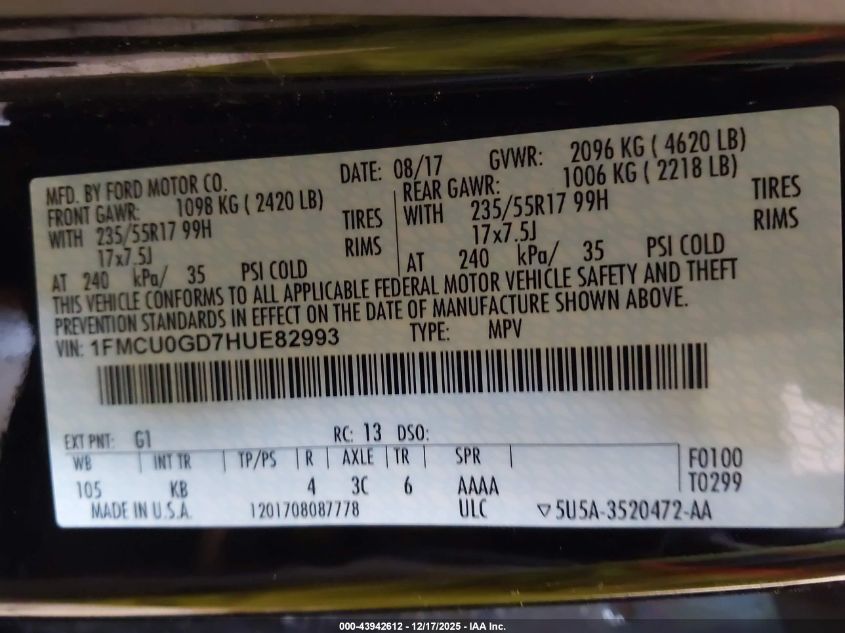 2017 Ford Escape Se VIN: 1FMCU0GD7HUE82993 Lot: 43942612