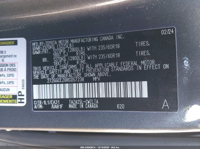 2024 Lexus Nx 350 Premium VIN: 2T2GGCEZ6RC057238 Lot: 43942614