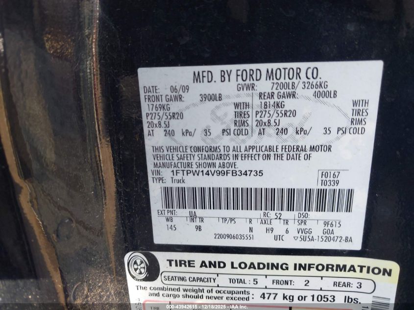 2009 Ford F-150 Fx4/King Ranch/Lariat/Platinum/Xl/Xlt VIN: 1FTPW14V99FB34735 Lot: 43942615