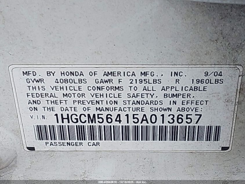 2005 Honda Accord 2.4 Lx VIN: 1HGCM56415A013657 Lot: 43942616