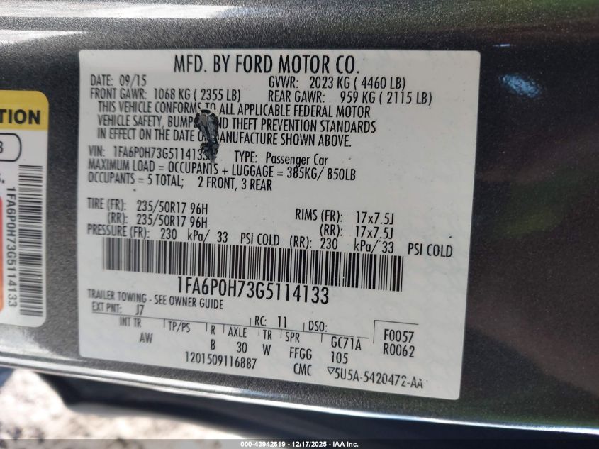 2016 Ford Fusion Se VIN: 1FA6P0H73G5114133 Lot: 43942619