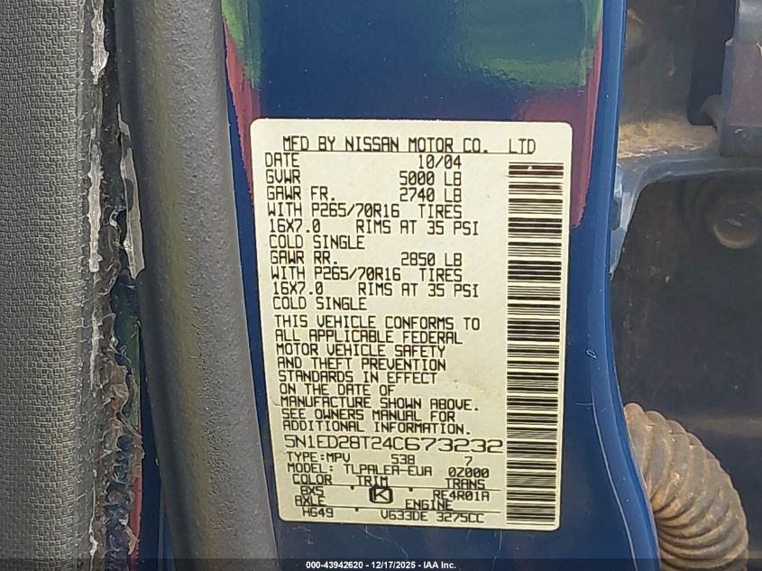 2004 Nissan Xterra Xe VIN: 5N1ED28T24C673232 Lot: 43942620