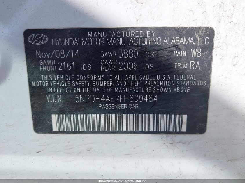 2015 Hyundai Elantra Se VIN: 5NPDH4AE7FH609464 Lot: 43942625