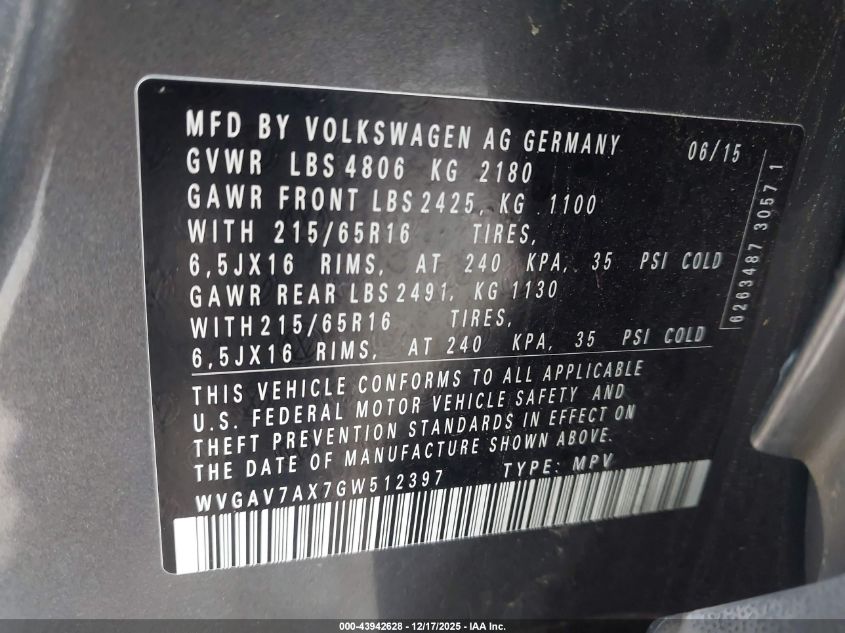 2016 Volkswagen Tiguan S VIN: WVGAV7AX7GW512397 Lot: 43942628