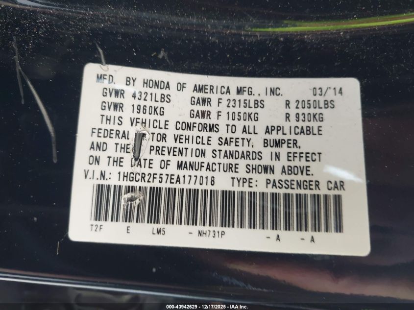 2014 Honda Accord Sport VIN: 1HGCR2F57EA177018 Lot: 43942629