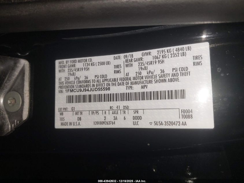 2018 Ford Escape Titanium VIN: 1FMCU9J94JUD55598 Lot: 43942632