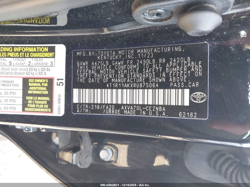 2024 Toyota Camry Le VIN: 4T1R11AKXRU875064 Lot: 43942631