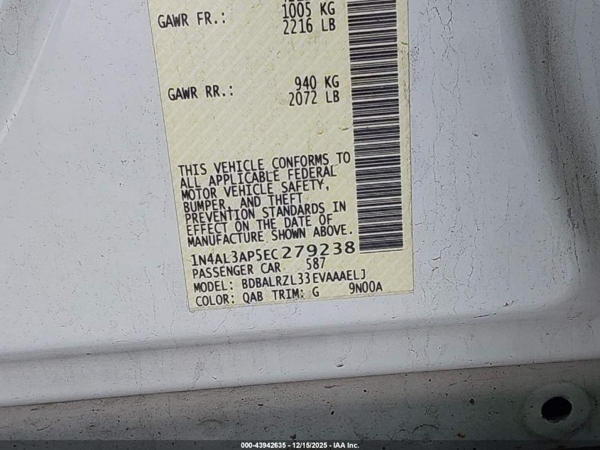 2014 Nissan Altima 2.5 S VIN: 1N4AL3AP5EC279238 Lot: 43942635