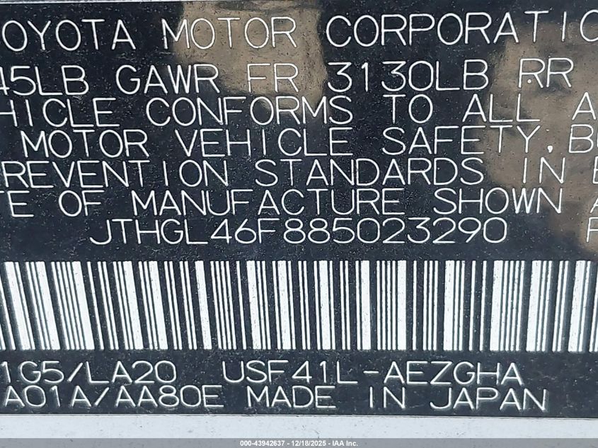 2008 Lexus Ls 460 L VIN: JTHGL46F885023290 Lot: 43942637