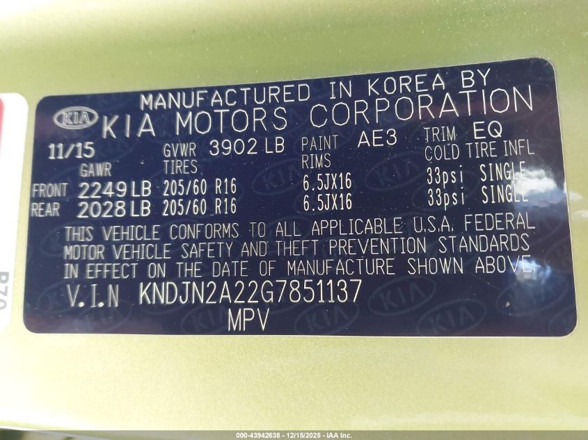 2016 Kia Soul VIN: KNDJN2A22G7851137 Lot: 43942638