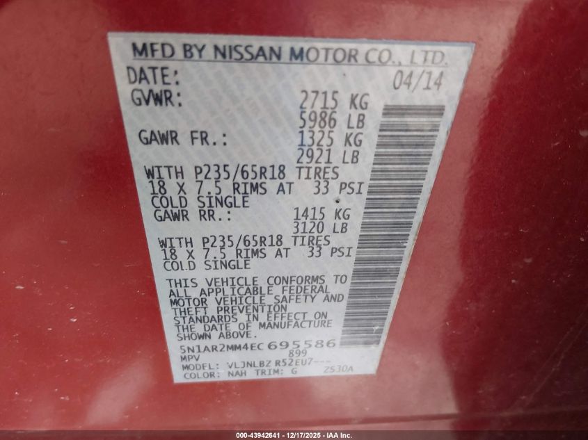 2014 Nissan Pathfinder S VIN: 5N1AR2MM4EC695586 Lot: 43942641