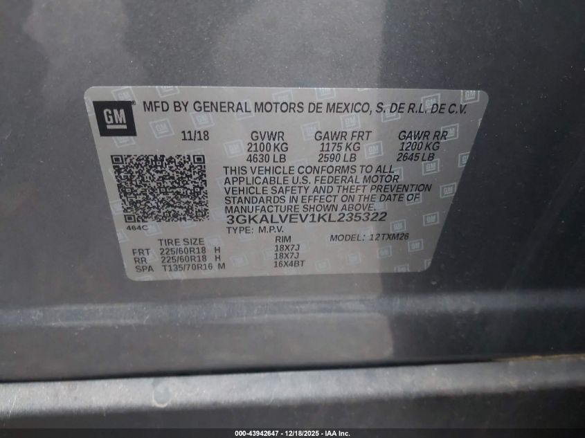 2019 GMC Terrain Slt VIN: 3GKALVEV1KL235322 Lot: 43942647