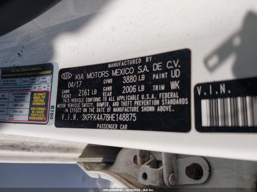2017 Kia Forte Lx VIN: 3KPFK4A78HE148875 Lot: 43942648