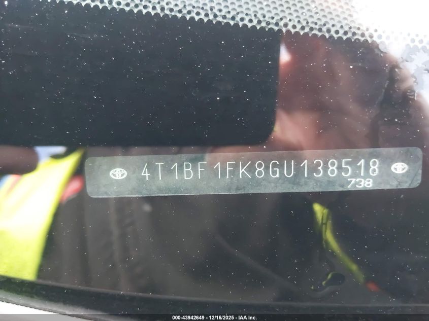 2016 Toyota Camry Se VIN: 4T1BF1FK8GU138518 Lot: 43942649