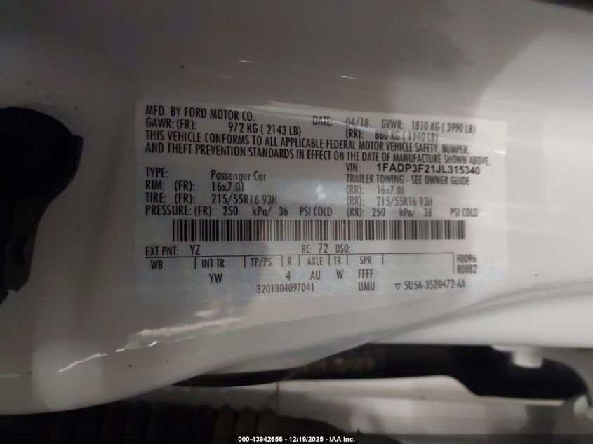 2018 Ford Focus Se VIN: 1FADP3F21JL315340 Lot: 43942656