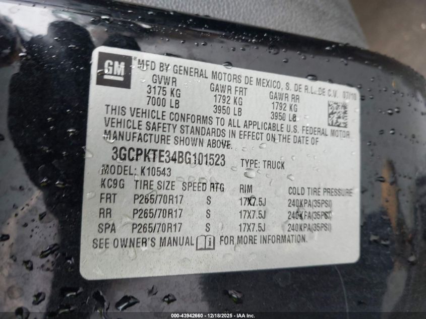 2011 Chevrolet Silverado 1500 Ltz VIN: 3GCPKTE34BG101523 Lot: 43942660
