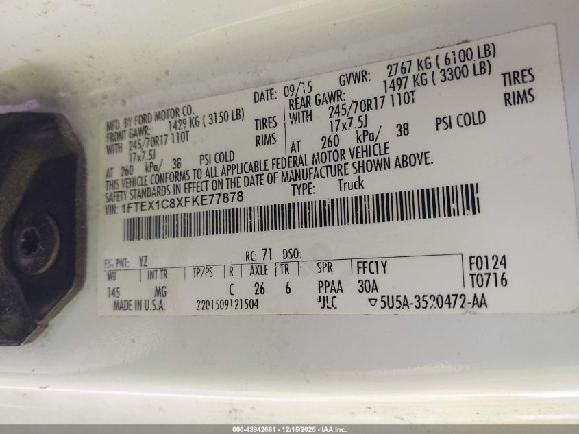 2015 Ford F-150 Xlt VIN: 1FTEX1C8XFKE77878 Lot: 43942661