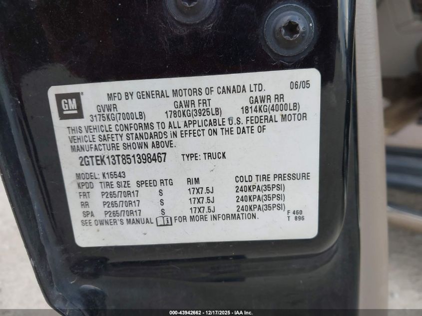2005 GMC Sierra 1500 Slt VIN: 2GTEK13T851398467 Lot: 43942662