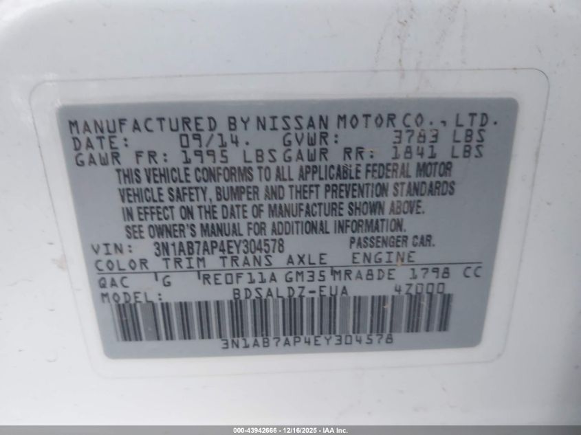 2014 Nissan Sentra Sv VIN: 3N1AB7AP4EY304578 Lot: 43942666