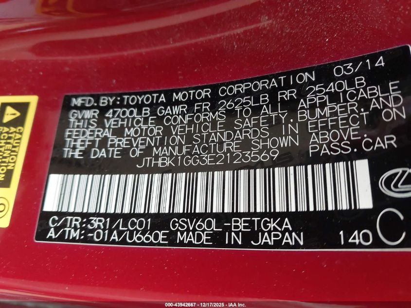 2014 Lexus Es 350 VIN: JTHBK1GG3E2123569 Lot: 43942667