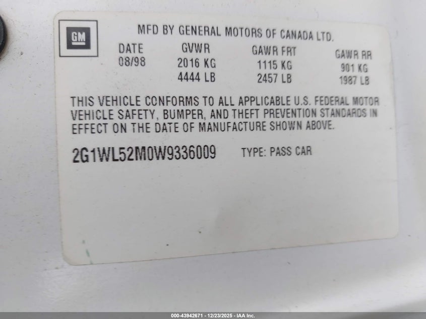 1998 Chevrolet Lumina VIN: 2G1WL52M0W9336009 Lot: 43942671
