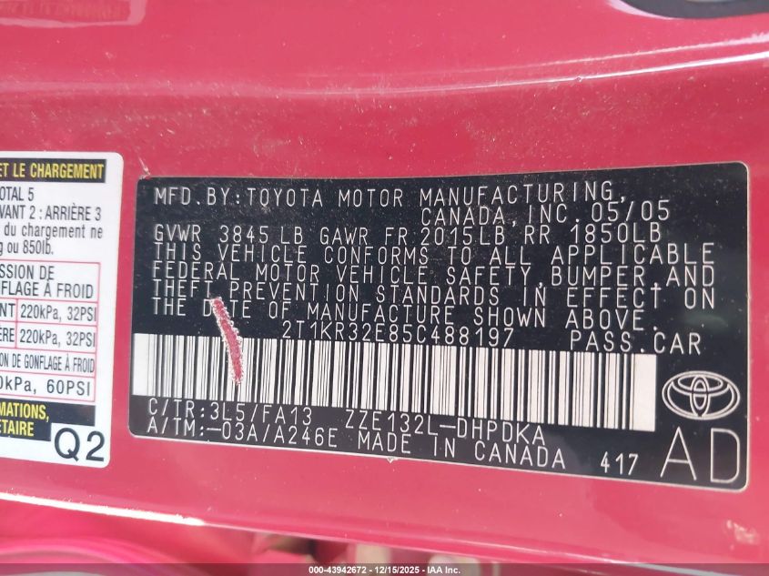 2005 Toyota Matrix VIN: 2T1KR32E85C488197 Lot: 43942672