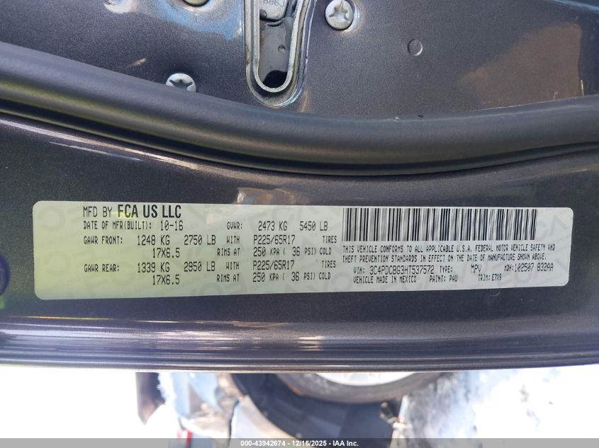 2017 Dodge Journey Sxt VIN: 3C4PDCBG3HT537572 Lot: 43942674