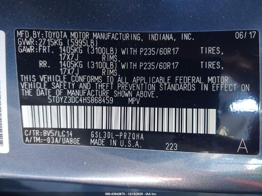 2017 Toyota Sienna Xle 8 Passenger VIN: 5TDYZ3DC4HS868459 Lot: 43942675