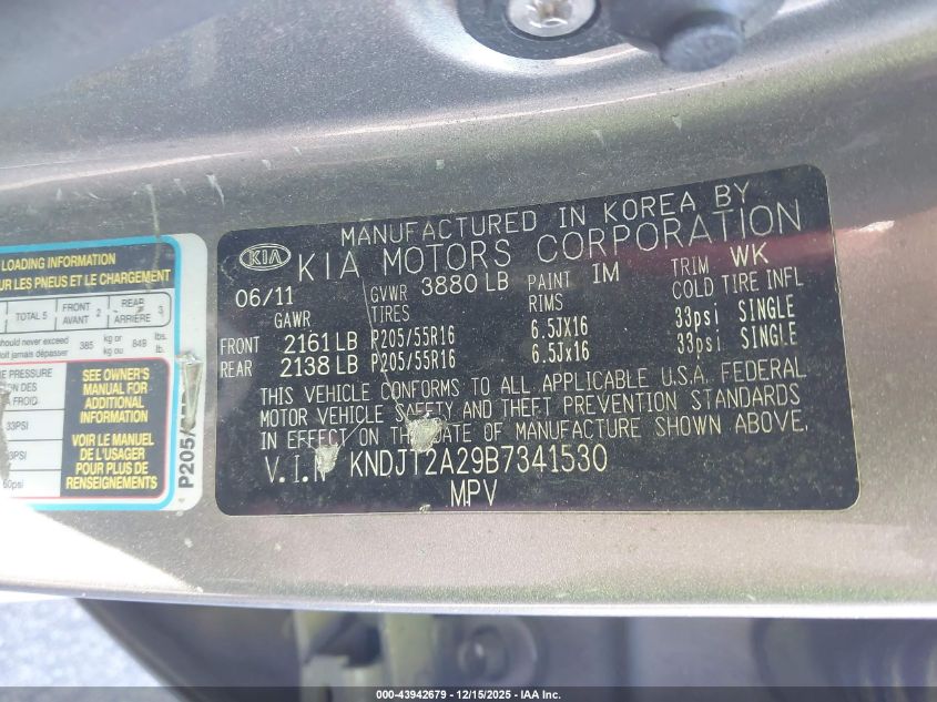 2011 Kia Soul + VIN: KNDJT2A29B7341530 Lot: 43942679