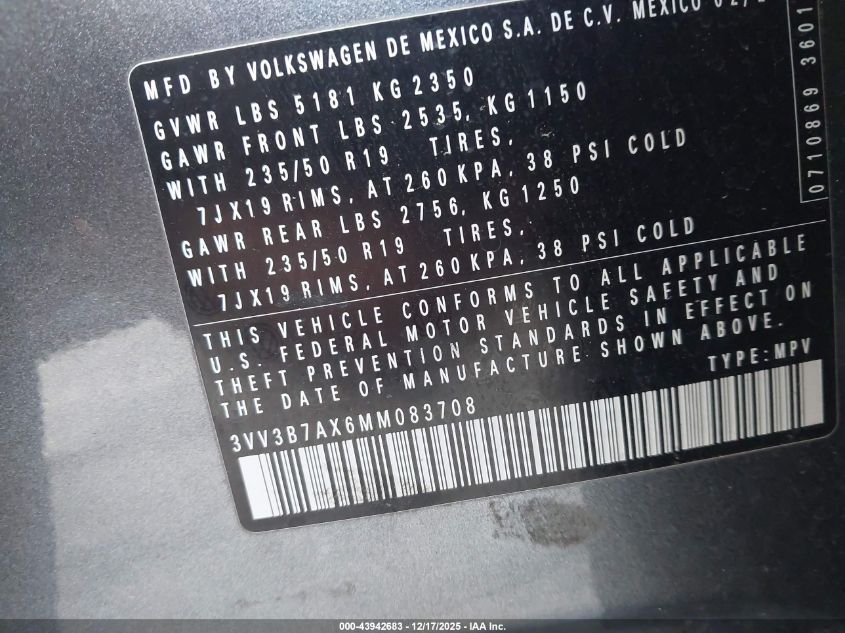 2021 Volkswagen Tiguan 2.0T Se/2.0T Se R-Line Black/2.0T Sel VIN: 3VV3B7AX6MM083708 Lot: 43942683