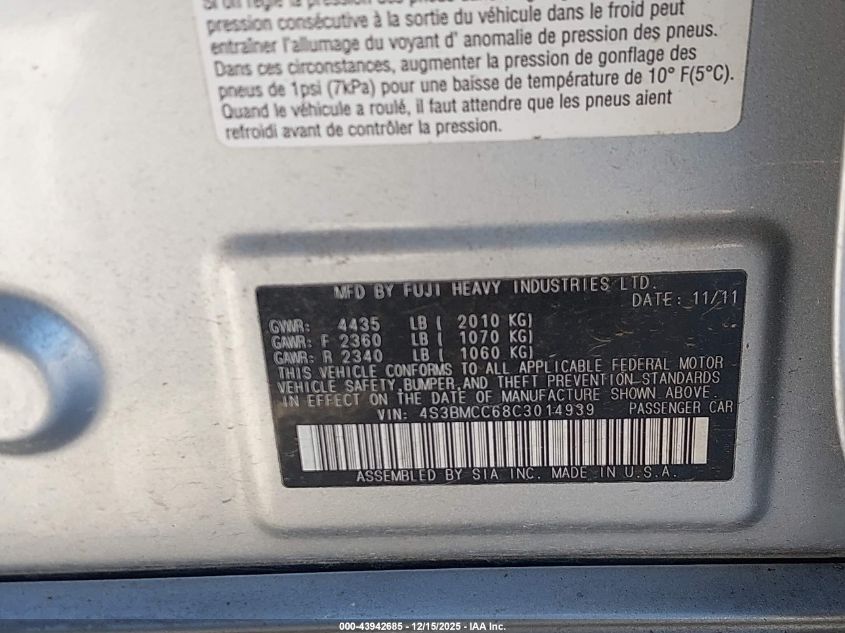 2012 Subaru Legacy 2.5I Premium VIN: 4S3BMCC68C3014939 Lot: 43942685