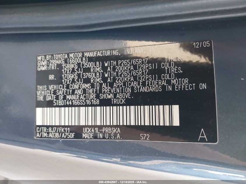 2006 Toyota Tundra Sr5 V8 VIN: 5TBDT44166S516168 Lot: 43942687