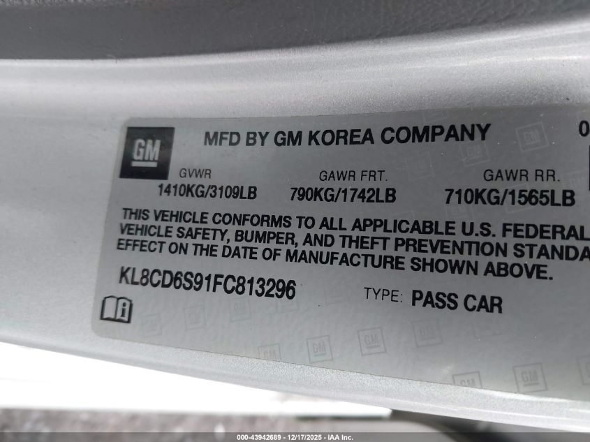 2015 Chevrolet Spark 1Lt Cvt VIN: KL8CD6S91FC813296 Lot: 43942689