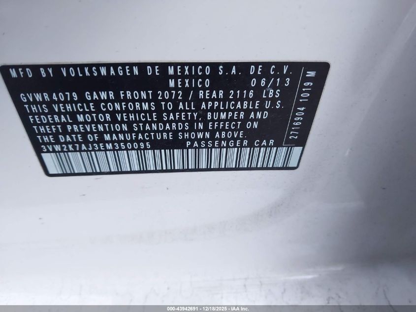2014 Volkswagen Jetta 2.0L S VIN: 3VW2K7AJ3EM350095 Lot: 43942691