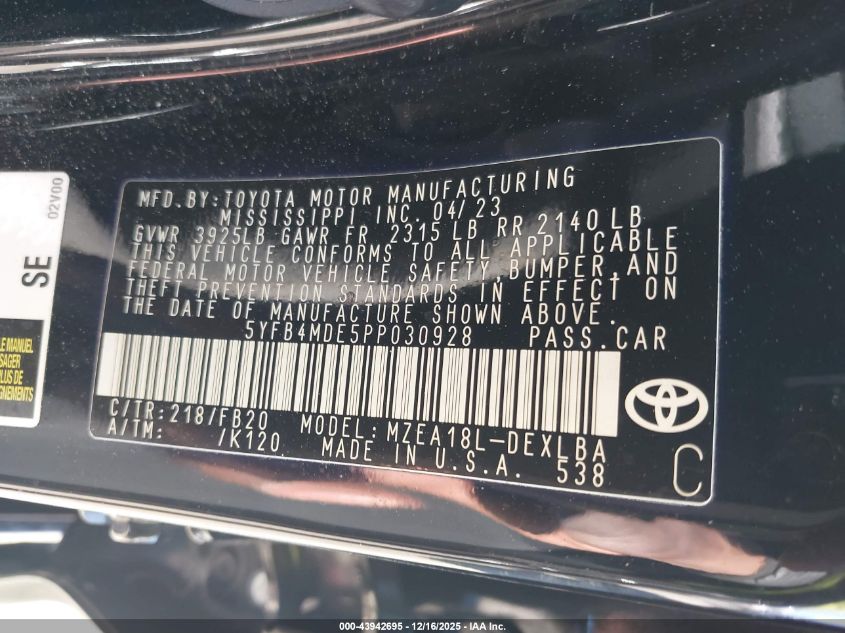 2023 Toyota Corolla Le VIN: 5YFB4MDE5PP030928 Lot: 43942695