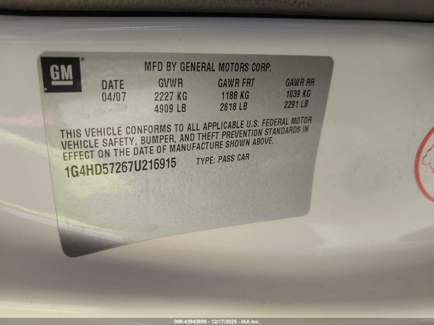 2007 Buick Lucerne Cxl VIN: 1G4HD57267U216915 Lot: 43942698