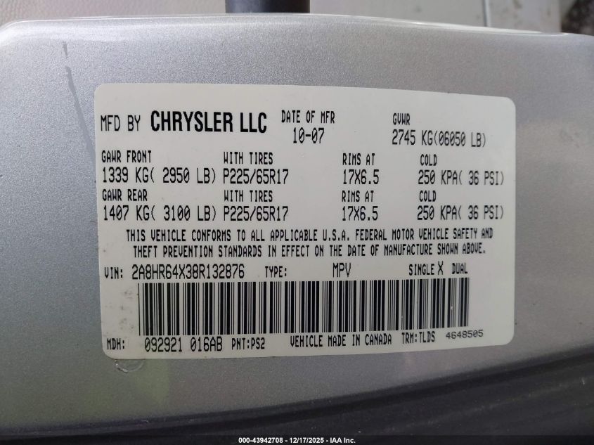 2008 Chrysler Town & Country Limited VIN: 2A8HR64X38R132876 Lot: 43942708