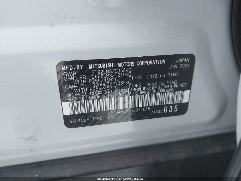 2024 Mitsubishi Outlander Se 2.5 S-Awc VIN: JA4J4VA82RZ074615 Lot: 43942711