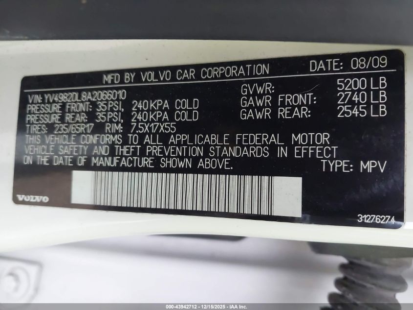 2010 Volvo Xc60 3.2 VIN: YV4982DL8A2066010 Lot: 43942712