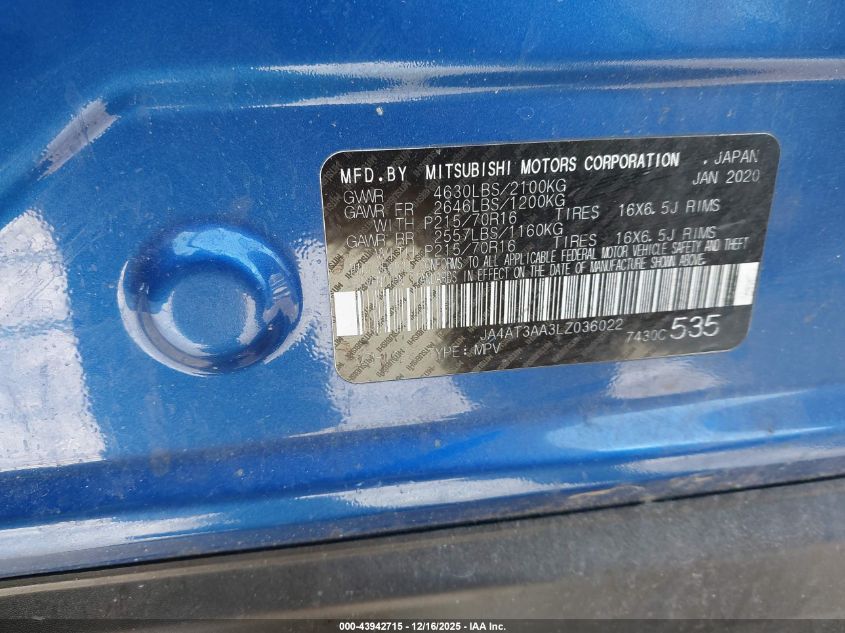 2020 Mitsubishi Eclipse Cross Es 1.5T Awc VIN: JA4AT3AA3LZ036022 Lot: 43942715